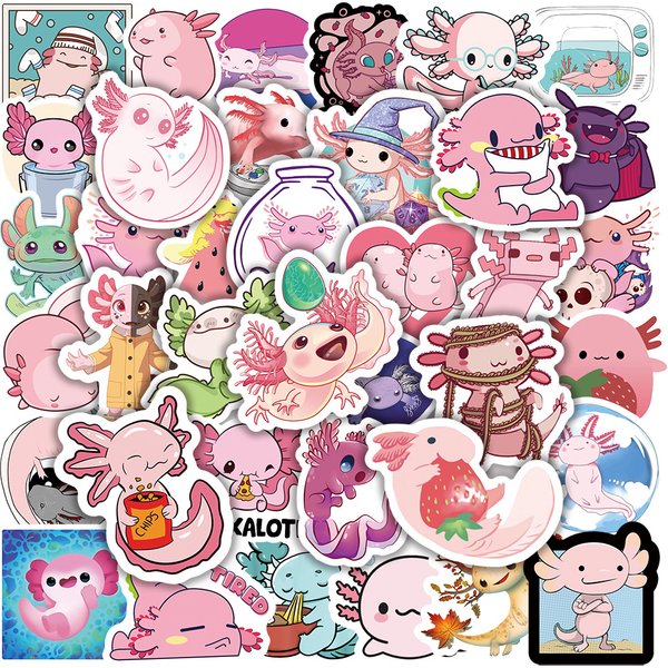 50pcs Cute Axolotl Stickers Laptop Phone Case Guitar Skateboard Scrapbook Fridge Cartoon Animal Salamander Decal for Kids Toy