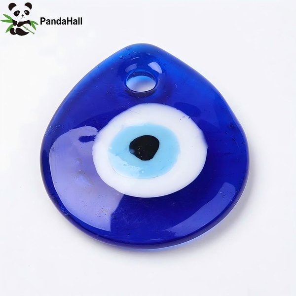 PandaHall 10 Stück handgefertigte Lampwork-Glas-Anhänger mit bösem Blick, flache tropfenförmige blaue Anhänger 30 x 34 x 5 mm mit 4 mm Loch für die DIY-Schmuckherstellung
