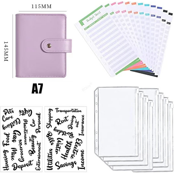 2023 New PU Leather Notebook A7 Binder DIY Planner Organizer 6 Zipper Pockets 12Pcs Budget Sheet 2Pcs French Alphabet Stickers