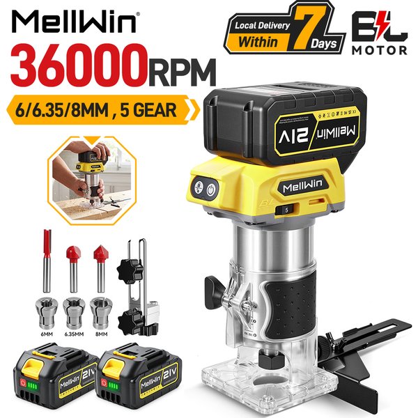 MELLWIN Bürstenloser Holzfräser mit 5 Geschwindigkeiten, Kabelloser Elektrischer Trimmer-Fräser für Holzbearbeitung, Gravur und Nutenfräsen, Kompatibel mit Makita 18V Akku