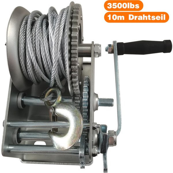 AP02 3.500 lb Handwinde – Boot-/Anhänger-/Auto-Winde mit 10 m Drahtseil - Übersetzungsverhältnis 4,1:1 / 8:1