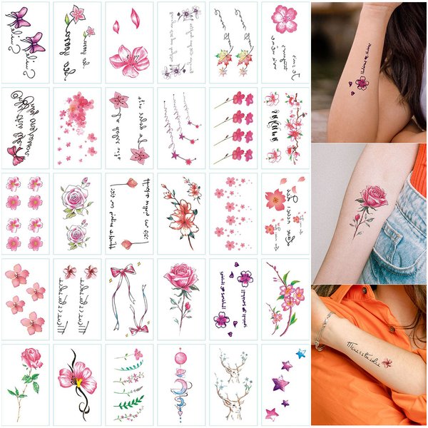 30 Blatt/Packung Blume Englische Worte Temporäre Tattoo Aufkleber, Kleine Größe Körper Arm Finger Handgelenk Knöchel Shoudler Fake Tattoo Aufkleber