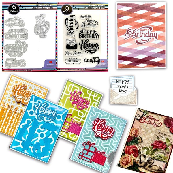 Alinacutle CLEAR STAMP with Matched Die Cut Happy Birthday DIY Card Scrapbooking Paper Craft Rubber Transparent Silicon Stamps