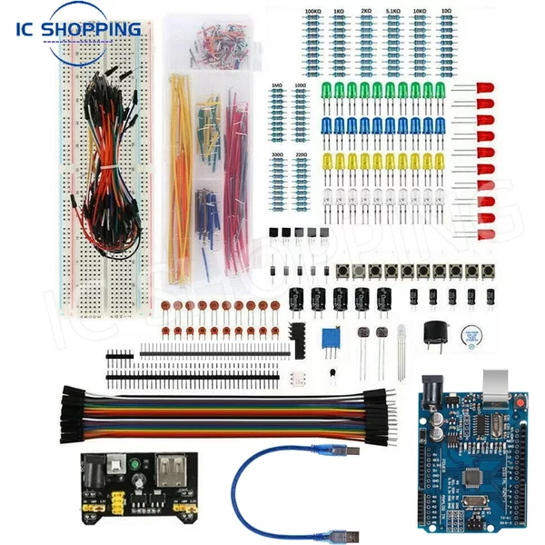 830-teiliges DIY-Elektronik-Starterkit – für Arduino UNO R3, inklusive Steckbrett, Verbindungspunkten und elektronischen Komponenten