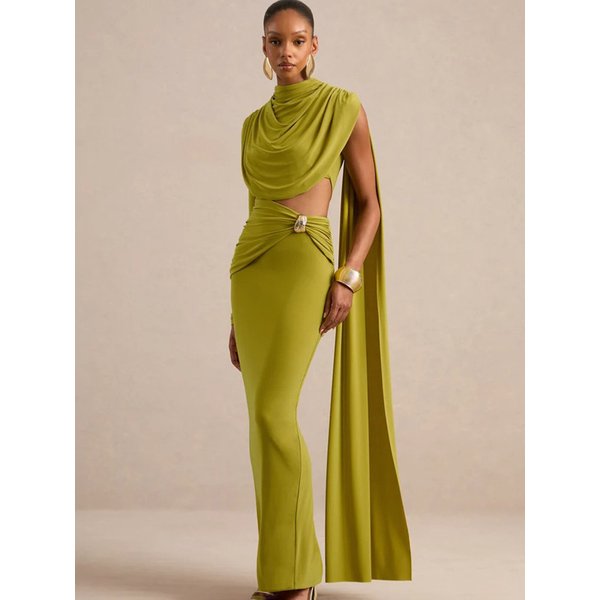 Robe longue moulante dos nu à une manche pour femme Sibybo, robe de soirée sirène sexy à col montant, découpes et drapé froncé