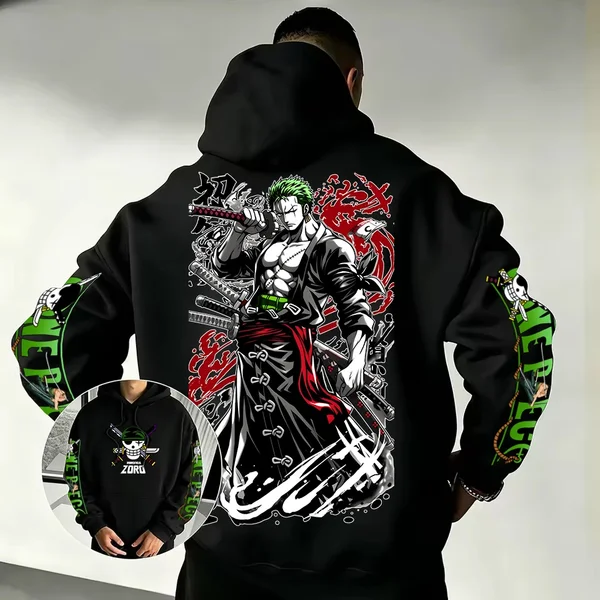 Roronoa Zoro Anime-Hoodie mit beidseitigem und Ärmel-Print für Männer, One Piece Charakter, Street Hip-Hop, lockerer Kapuzenpullover