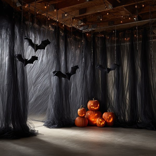 Grand rideau en tulle noir transparent - Décoration de fête d'Halloween, rideau de porte élégant, décoration murale et de table