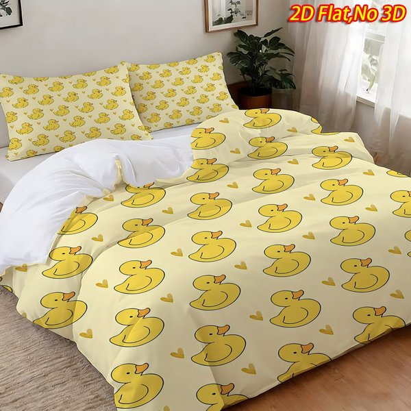 Ensemble de trois housses de couette douces, ensemble de trois housses de couette imprimées en 2D, thème petit canard jaune et cœur, ensemble de housses de couette en polyester respirant, décoration