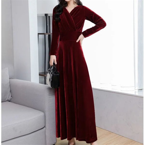 Goldene Samt Kleid Für Frauen Frühling Herbst Neue Mode Sexy V-ausschnitt Langarm Kleid Dame Party Abendkleider Lange Vestidos