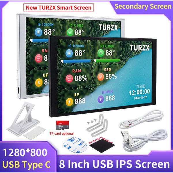 TURZX 8-Zoll-Sekundärbildschirm 1280 x 800 IPS Smart LCD CPU GPU RAM-Monitor Unterstützung Desktop-Modi Keine Verwendung AIDA64 für Windows-Computer