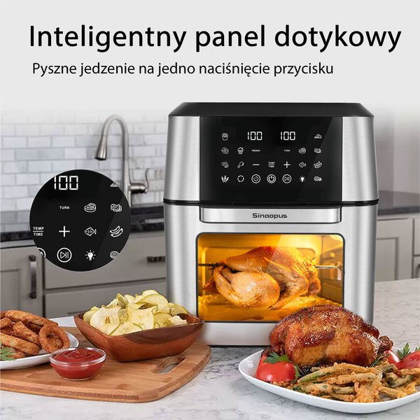 Sinaopus Heißluftfritteuse 12L Fettfreie Fritteuse Mini-Ofen – Intelligenter Multifunktionskocher, Ölfreies Kochen, Sichtfenster aus Glas, LED-Touch-Steuerung, XXL-Kapazität