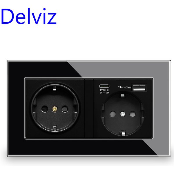 Delviz Typ C Ports USB-Buchse, gehärtete Kristallglas scheibe, 5V 18W Schnell ladung, EU Standard Wand steckdose