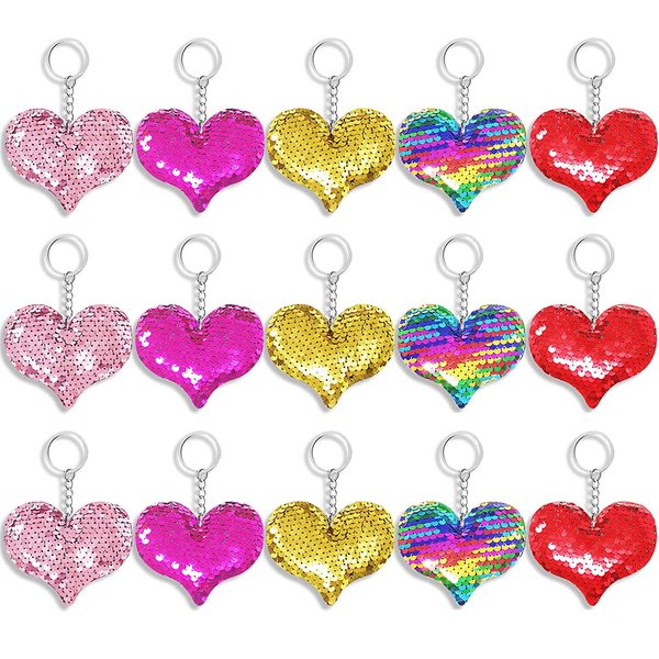 15pcs Flip Sequins Love Heart Key Chain Fashionable Luggage Accessories Pendant, Children Adult Party Gifts Back To School