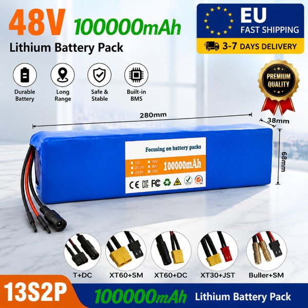 13S2P 48V 100Ah Lithium-Akkupack 100000mAh 18650 Wiederaufladbarer Akku mit Smart BMS für E-Bike Elektrofahrrad Roller 250W 350W 500W 750W 1000W Kostenloses 54,6V Ladegerät