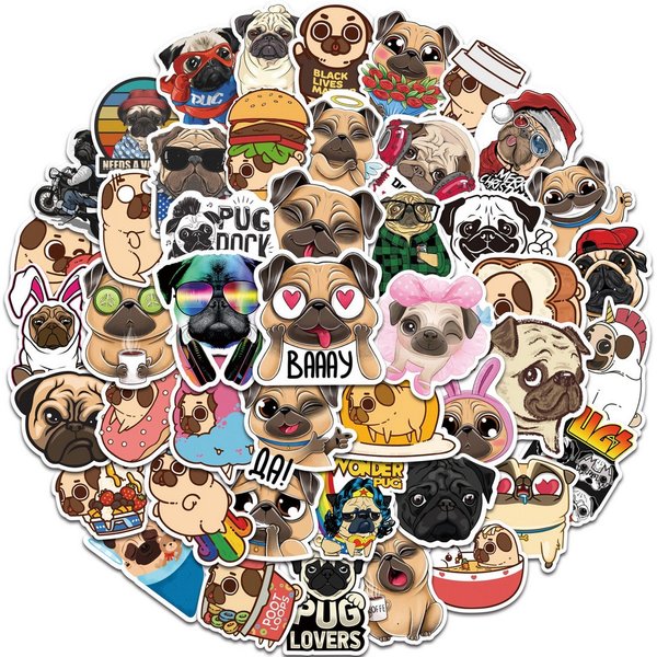 50pcs Funny Animal Dog Pug Stickers Kawaii Stationery Scrapbooking Phone Laptop Guitar Graffiti Puppy Decal Sticker Pets Toy