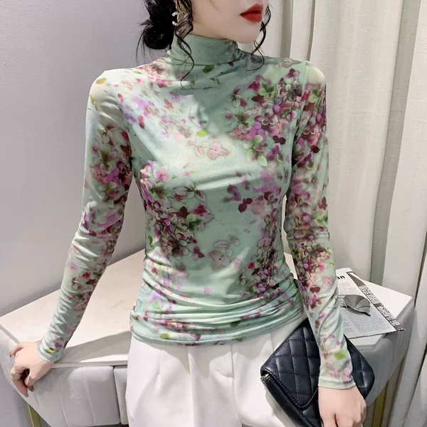 2023 Autumn Winter Thick Mesh T Shirt Women Turtleneck Full Sleeve Printed Flowers Base Tees Female Sweet T-shirts FF6617