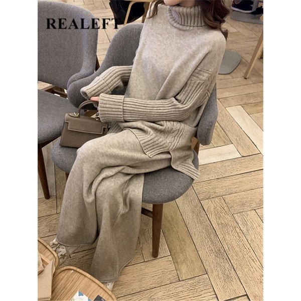 Herbst Winter 2 Stück Frauen Sets Gestrickte Trainingsanzug 2023 Neue Rollkragenpullover und Breite Bein Jogging Hose Pullover Anzüge