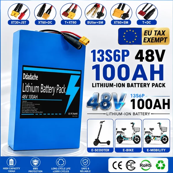 48V 100Ah 2000W Panasonic 18650 13S6P Li-Ionen-Akku, geeignet für 54,6V-Fahrräder + optionaler integrierter BMS-Stecker + 54,6V-Ladegerät