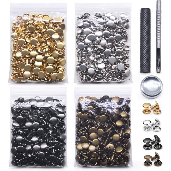 400 ensembles de Rivets à goujons métalliques en laiton, 4 couleurs, avec outils de fixation, Rivet à Double capuchon pour vêtements artisanaux en cuir, chaussures, sac, accessoires de bricolage