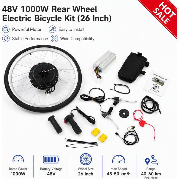 Kit de conversion de vélo électrique, roue arrière 48V 1000W, moteur en aluminium durable de 26 pouces, vitesse réglable, remplacement de roue avant et arrière pour vélo électrique DIY