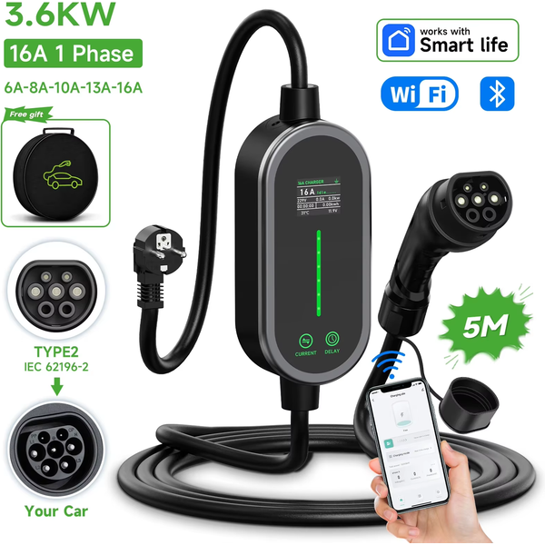 Chargeur de voiture électrique portable 3,5 kW 16A Type 2, borne de recharge murale monophasée, câble de charge EV, contrôle WiFi/Bluetooth pour usage domestique