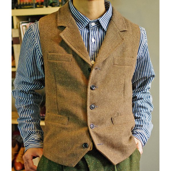 2026 Men's Vest Classic Steampunk Suit Wool Tweed Notch Lapel Waistcoat Thick Tweed Coat For Wedding
