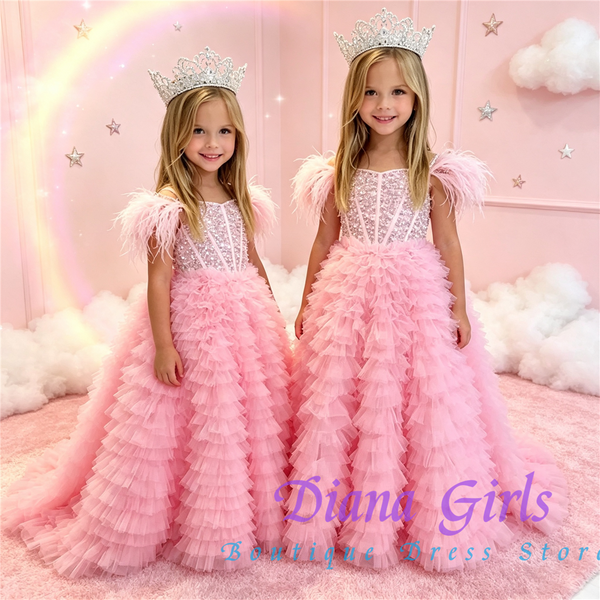 Nouvelle Robe de Luxe pour Fille d'Honneur en Tulle Rose, Volumineuse, avec Superposition de Tissus et Appliqués, pour Mariage, Bal, Anniversaire d'Enfant et Soirées