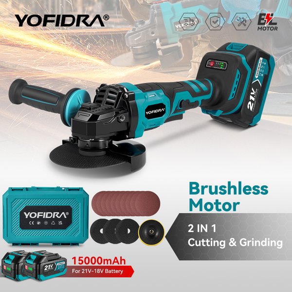 YOFIDRA 2in1 125mm Elektrische Bürstenlosen Winkel Grinder 3 Gänge Holzbearbeitung Polierer Cutter Maschine Power Tool Für Makita Batterie pin