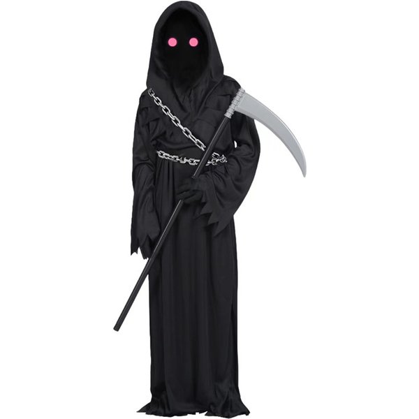 Enfant noir rouge diable chaîne Costume Halloween oeil rouge faucheuse horreur jouer Costume effrayant Cos Robe faucille chaîne gants accessoires