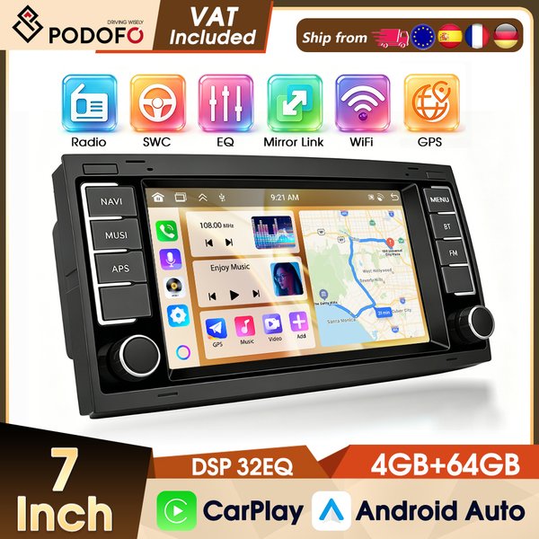 Podofo 7 Zoll 4+64G Wireless CarPlay Autoradio für Volkswagen Touareg 2004-2011/ Transporter Ts Multivan 2004-2009 WIFI GPS Auto-Multimedia-Player