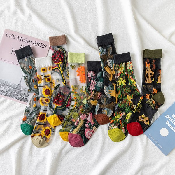 Femmes chaussettes transparentes dames cristal verre soie chaussettes été mince fleurs oiseaux Art chat Animal imprimé Harajuku longues maille chaussettes
