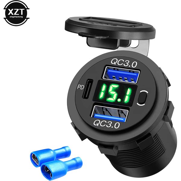 60W PD Dual QC 3.0 USB Charger with Digital Voltmeter Switch Socket Power Outlet Adapter Waterproof 12V 24V Car Truck Motorcycle