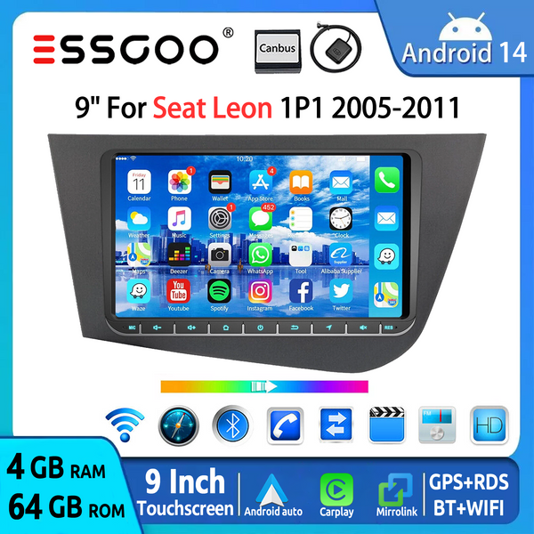 ESSGOO 9" Touchscreen für Seat Leon 1P1 2005–2012 Android 14 Autoradio Wireless Carplay Android Auto GPS Navi WiFi RDS Lenkradsteuerung Bluetooth Mirror Link KI-Sprachsteuerung Multimedia Video Player