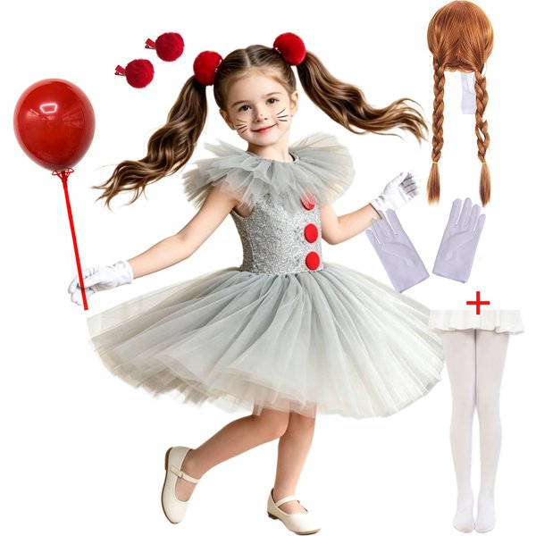 Ensemble Robe Tutu Grise de Clown pour Fille 2026 avec Pinces à Cheveux Pompon et Gants, Costume d'Horreur Pennywise Joker pour Enfants Halloween 3-10 Ans