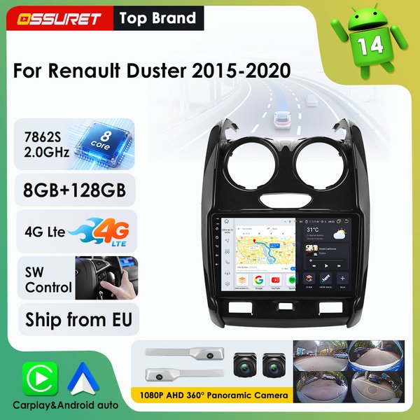 Autoradio Android 14 für Renault Duster 2015-2020, kabelloses Carplay, Android Auto, Multimedia, 360°-Kamera, Autoradio, GPS-Navigation, Stereo, RDS, DSP, 7862 Octa-Core-Hauptgerät