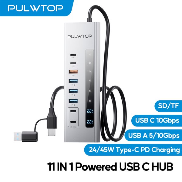 PULWTOP Powered USB C Hub mit SD/TF, USB-C 10 Gbit/s, USB-A 5/10 Gbit/s und 2 * 24/45 W Typ-C PD-Ladeanschlüssen (kein Video unterstützt)