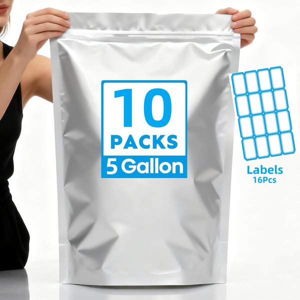 10 Stück 1-Quart 1-Gallon 5-Gallon Mylar-Beutel Aluminiumfolie Stehbeutel Wiederverwendbare Luftdichte Geruchsdichte Wiederverschließbare Aufbewahrung Große Beutel