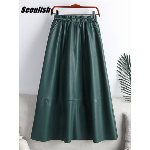Seoulish Autumn Winter Faux PU-leather Midi Skirts Patchwork High Waist Elegant 2023 New A-line Umbrella Skirts Pockets Female