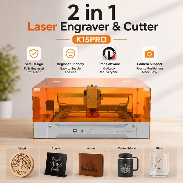 Carverall K15PRO 12W Geschlossener Lasergravierer Cutter, Diodenlaser Klasse 1, 0.01mm Präzision, A4 297x210mm, 15000mm/min, Gratis Software, DIY Geschenke, Werkstatt, Holz Acryl Leder Beschichtetes