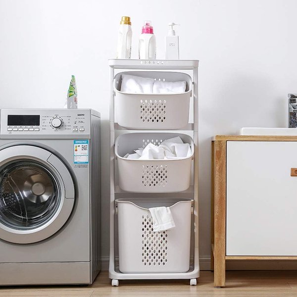 Chariot à Linge, Panier à Linge, Corbeille à Linge avec 3 Paniers Amovibles, Capacité de Charge 25kg, Blanc