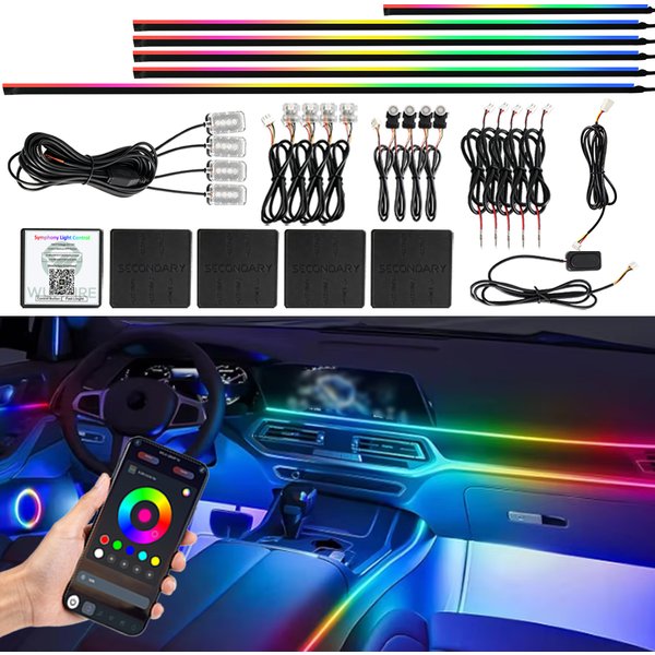 Kit d'éclairage d'ambiance pour voiture 6/10/18 en 1, 64 couleurs RGB, symphonie de lumières, bande LED acrylique cachée, lampe d'ambiance musicale, contrôle par application