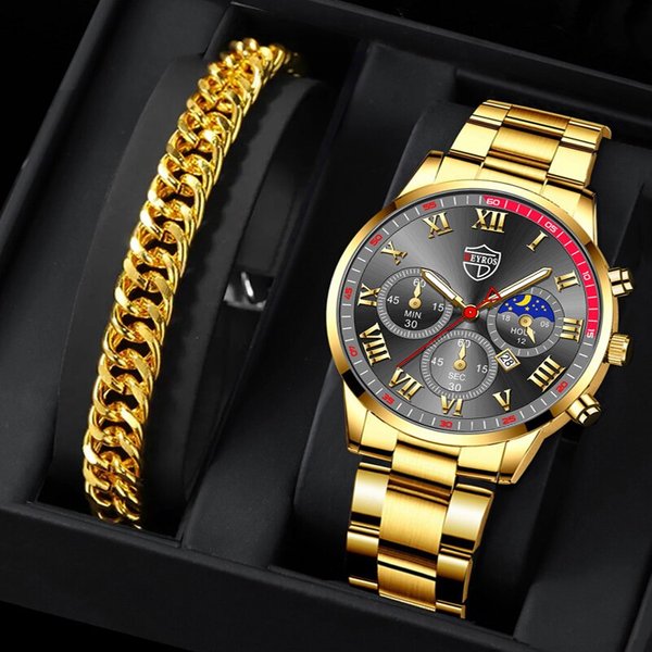 Montre-bracelet à quartz en acier inoxydable pour homme, montres à calendrier, horloge Shoous, bracelet de luxe, mode masculine, 2 pièces