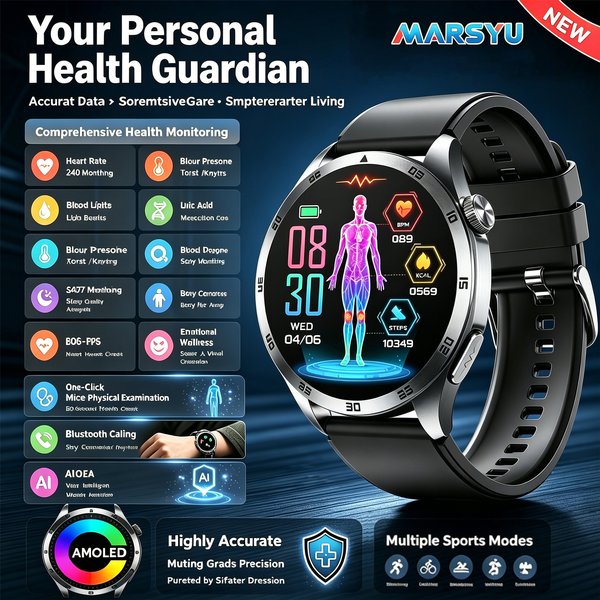 Marsyu EKG+PPG Gesundheits-Smartwatch, Blutsauerstoff, Harnsäure, Blutdruck, HD-Bluetooth-Anrufuhr für iOS und Android, Männer und Frauen