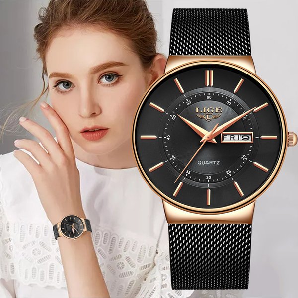 LIGE Damenuhren, Luxusmarke, ultradünn, Kalender, Woche, Quarzuhr, Damen-Mesh-Edelstahl, wasserdicht, Geschenk, Reloj Muje + Box