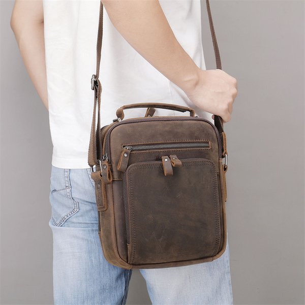 Luufan-Sac en cuir véritable pour homme, sac messager vintage, peau de cheval, double fermeture éclair, poche à rabat, 03 sac à main