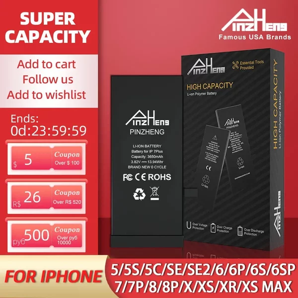 PINZHENG Echter Akku mit hoher Kapazität für iPhone 5S SE 6 6S 7 8 Plus X Xr Xs Max Telefonersatz Bateria Garantie ein Jahr