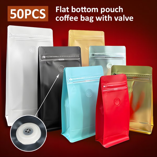 Sacs à café à fond plat de haute qualité, 50 pièces, avec Valve et fermeture éclair, pochette de doublure en aluminium pour stocker des grains de café et des aliments en poudre