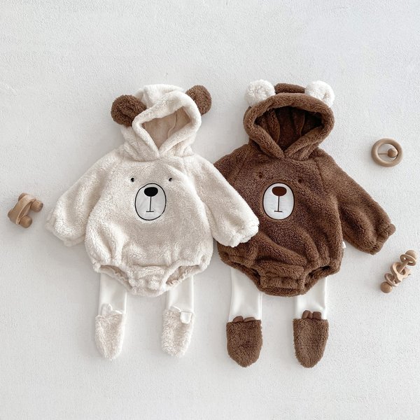Baby-Strampler mit Kapuze, Bärenohren, niedliche Plüsch-Babykleidung, Winter, 0–2 Jahre alt, koreanische Version, Babykleidung, Baby-Strampler