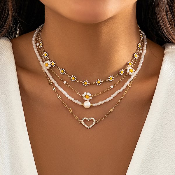 Collier Vintage en forme de fleur de tournesol pour femmes, chaîne de clavicule, strass Kpop, pendentif cœur d'amour, ras du cou, bijoux esthétiques Y2K, 4 pièces