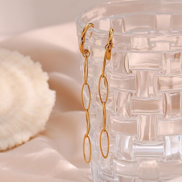 Minimaliste femme en acier inoxydable plaqué or 18 carats ovale trombone chaîne boucle d'oreille bijoux petites Huggies or longue boucle d'oreille